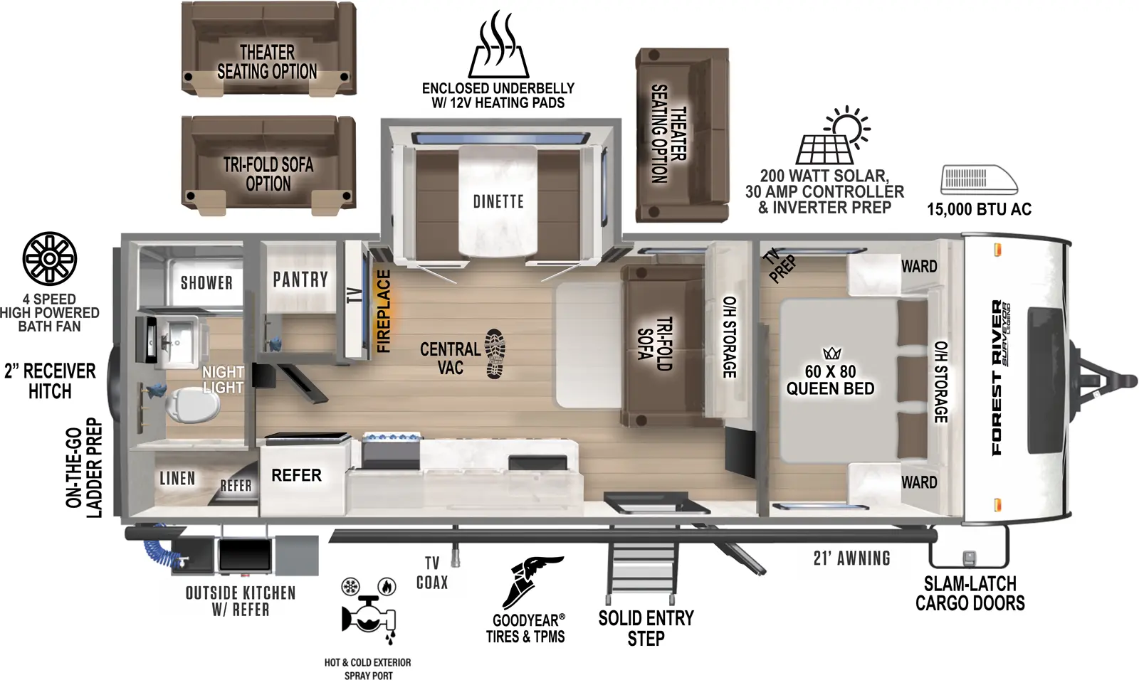 The Surveyor Legend 252RBLE has one entry and one slide out. Exterior features include: fiberglass exterior, 21' awning and outside kitchen. Interiors features include: front bedroom and rear bathroom.